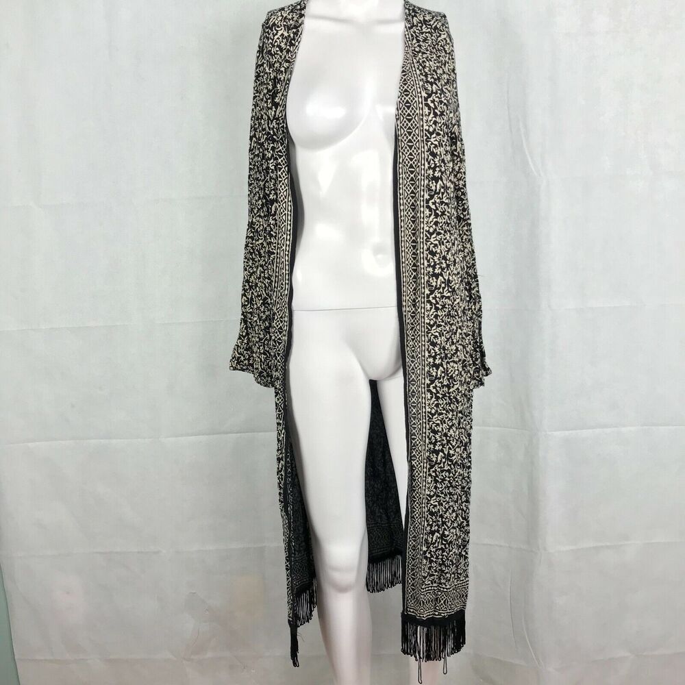 MNG Mango Duster Womens Sz S Black‎ Ivory Mandala Fringe Open Front Cardigan